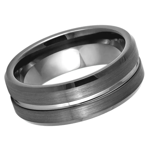 London Manori Gun Metal Brushed Tungsten Ring with Grooved Center